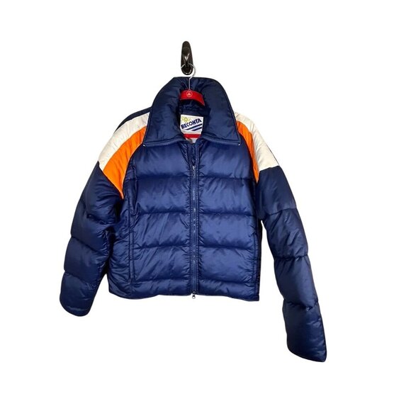 Vintage Beconta Snow Down Puffer Jacket Men L Blue Quilted Retro Snow Striped - Picture 1 of 14